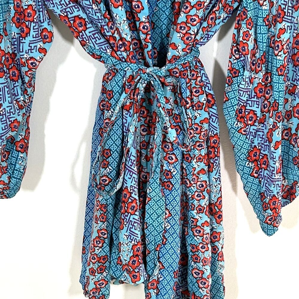 Josie Natori Kimono Robe Jacket Size Large Rayon Blue Floral Print Boho Hippie - Picture 4 of 11
